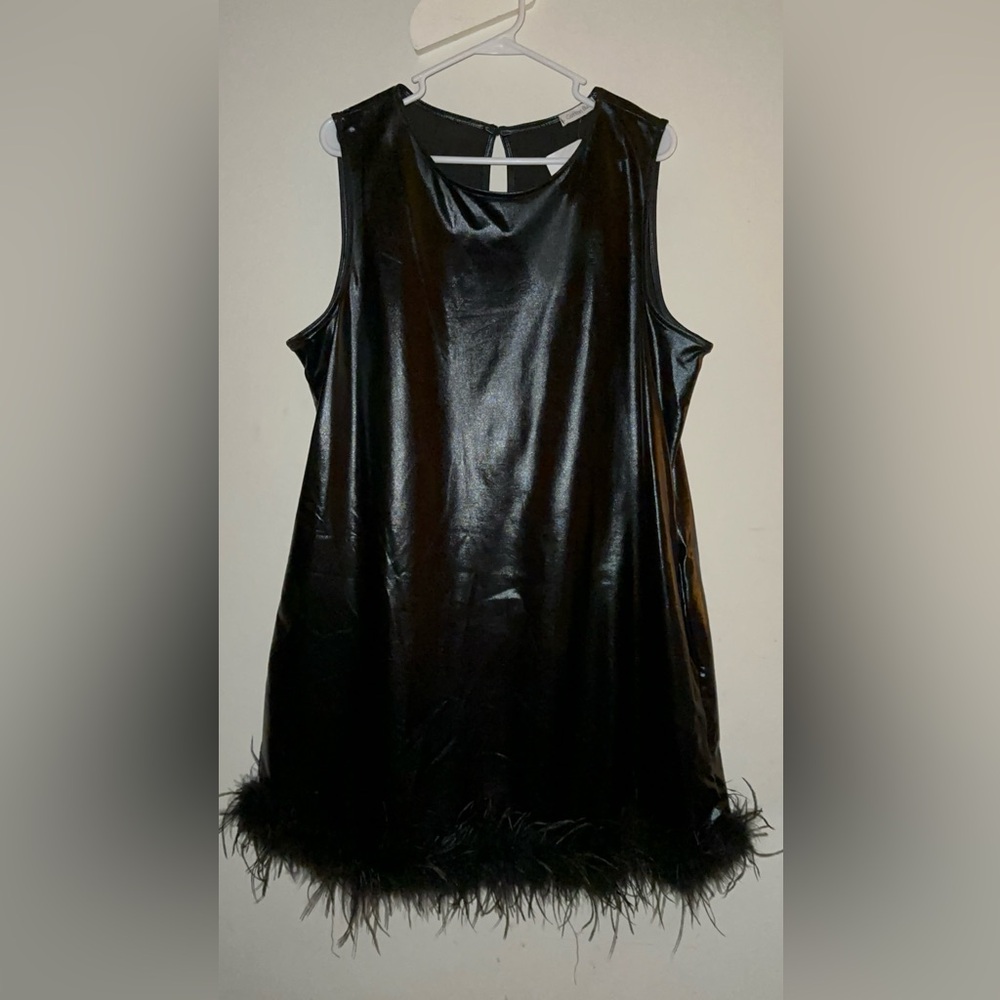 Black Shine Dress with Feather Trim